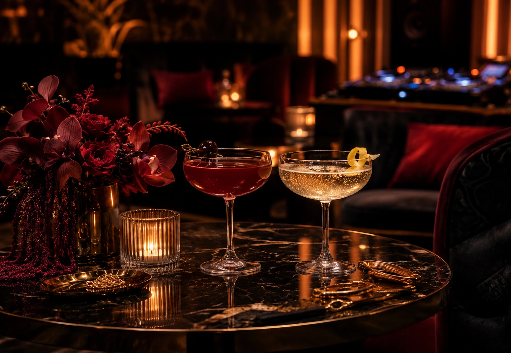 Cocktails and flowers staged for a Dress to Impress event