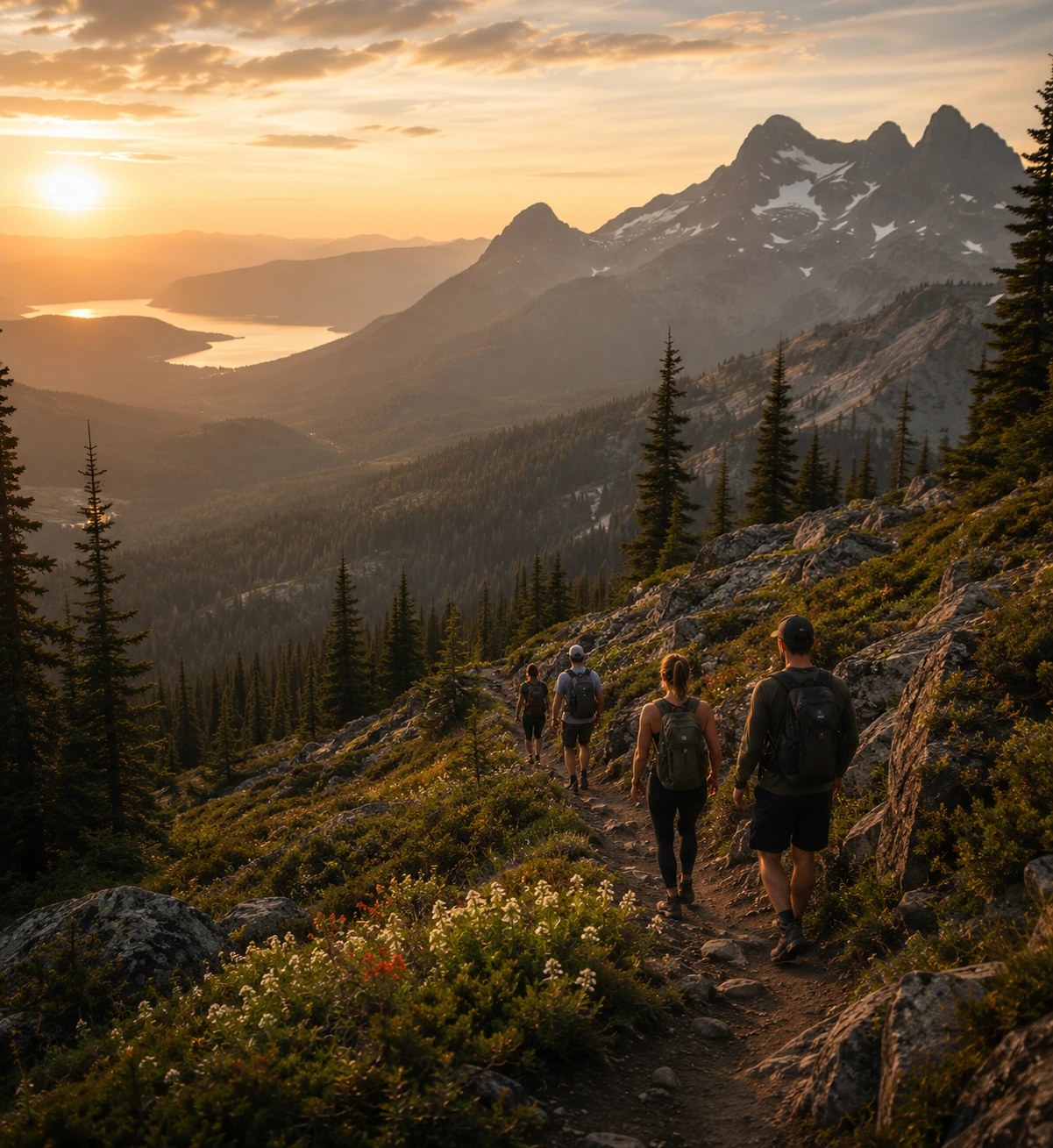 Guests hiking through a mountain landscape