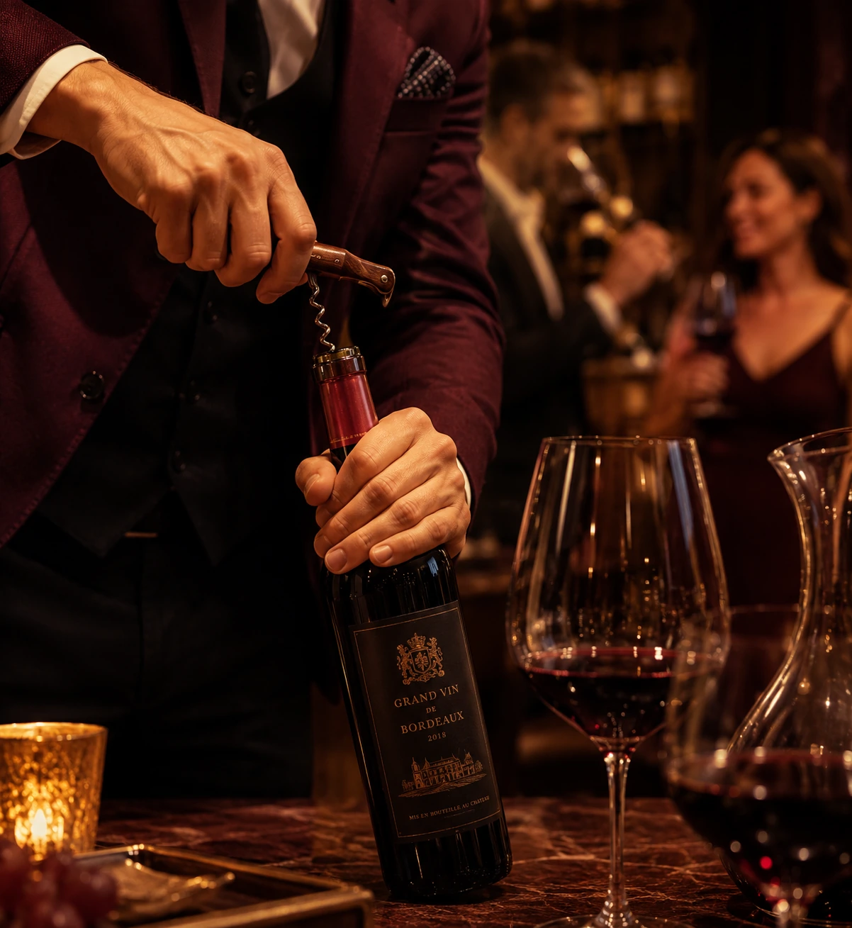 Wine service at a warm social gathering